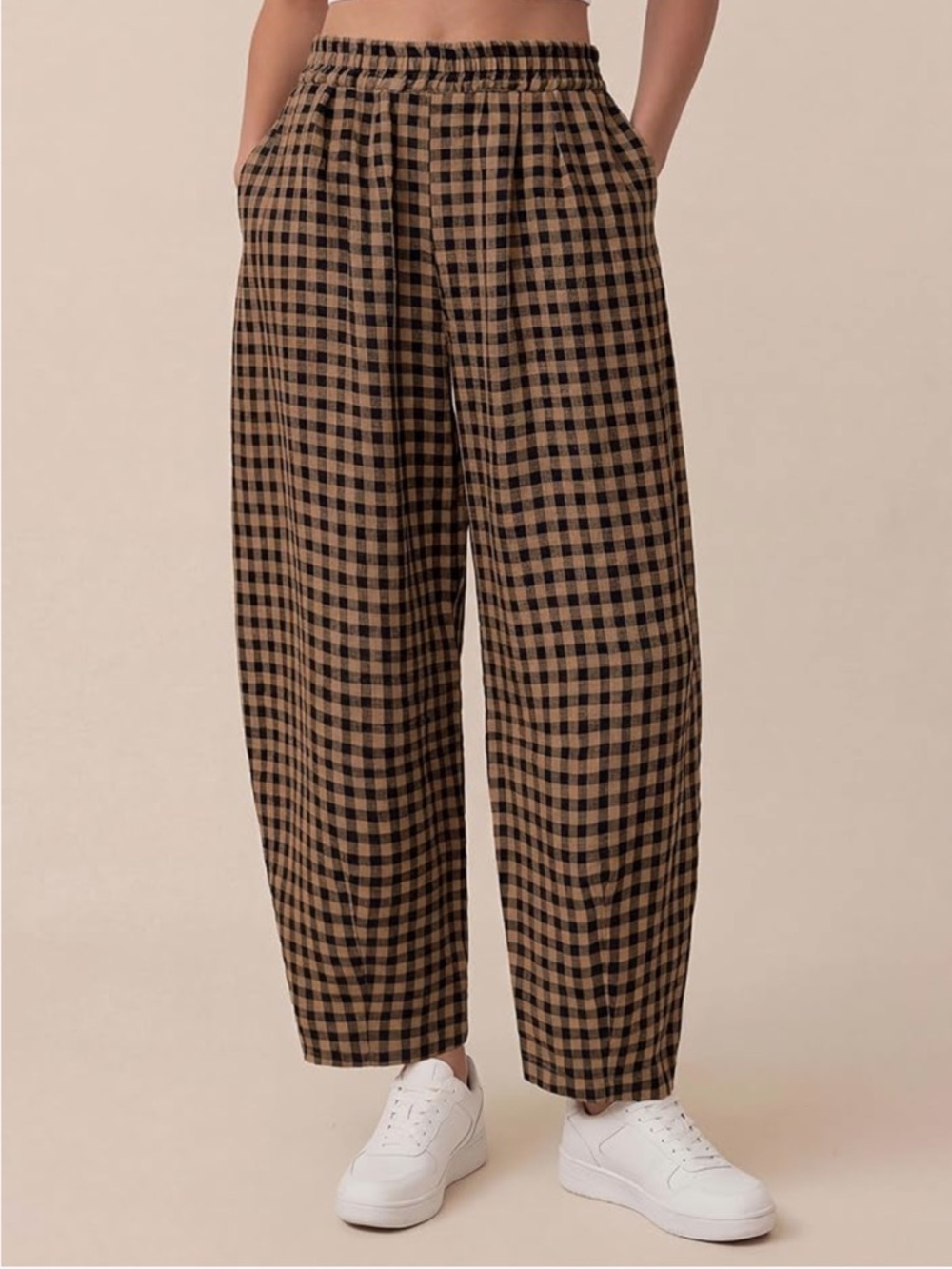 Relaxed Fit Brown & Black Gingham Women’s Barrel Pants Size M